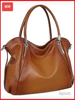 Genuine Leather Tote Bag with Detachable Strap, Multiple Pockets, Spacious